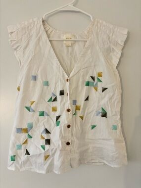 Maeve Anthropologie Embroidered Pleat Sleeve Blouse